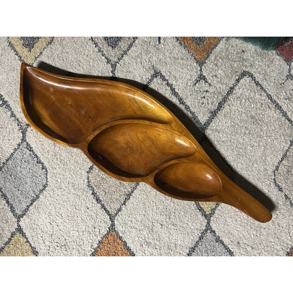 Vintage Mid-Century Modern Carved Mahogany Leaf Serving Tray — Made in Haiti